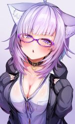 Rule 34 | 1girl, ahoge, animal collar, animal ears, black collar, black jacket, blue hair, blush, breasts, button gap, cat ears, cat girl, cleavage, collar, collared shirt, colored inner hair, commentary request, diagonal bangs, dress shirt, from above, glasses, gradient background, hands on own chest, highres, hololive, jacket, kajimakoto, large breasts, looking at viewer, medium breasts, medium hair, messy hair, multicolored hair, neck ribbon, nekomata okayu, nekomata okayu (oversized shirt), no bra, official alternate costume, official alternate hairstyle, open clothes, open jacket, open mouth, paid reward available, partially unbuttoned, purple-framed eyewear, purple background, purple eyes, purple hair, purple ribbon, ribbon, shirt, solo, triangle mouth, upper body, virtual youtuber, white shirt