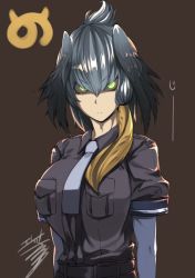 Rule 34 | 10s, 1girl, arms at sides, artist name, belt, bird wings, black gloves, black hair, bodystocking, breast pocket, breasts, brown background, closed mouth, collared shirt, erect sawaru, expressionless, gloves, glowing, glowing eyes, green eyes, grey belt, grey necktie, grey shirt, grey shorts, hair between eyes, hair ornament, hair tie, head wings, japari symbol, kemono friends, long hair, looking at viewer, low ponytail, medium breasts, multicolored hair, necktie, orange hair, pocket, serious, shirt, shoebill (kemono friends), short sleeves, shorts, side ponytail, signature, silver hair, simple background, sleeve cuffs, solo, staring, tsurime, two-tone hair, upper body, wing collar, wings