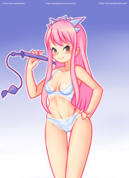 Rule 34 | 1girl, blue background, blue bra, blue panties, blush, bra, breasts, brown eyes, collarbone, drantyno, fate/grand order, fate (series), gradient background, hairband, hand on own hip, highres, holding, long hair, looking at viewer, medb (fate), navel, panties, pink hair, riding crop, small breasts, smile, standing, two-tone background, underwear, white background