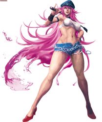 Rule 34 | 1girl, absurdres, blue eyes, breasts, capcom, choker, cuffs, cutoffs, denim, denim shorts, female focus, final fight, full body, handcuffs, hat, high heels, highres, lips, long hair, midriff, official art, peaked cap, pink hair, poison (final fight), shoes, shorts, smile, solo, street fighter, street fighter x tekken, tank top, white background
