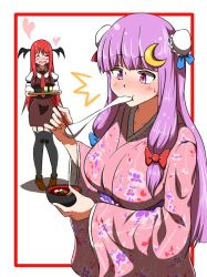 Rule 34 | 2girls, :d, ^^^, alternate costume, black legwear, blood, blush, border, bow, breasts, crescent, crescent hair ornament, eating, food, garter straps, hair bow, hair ornament, head wings, heart, japanese clothes, kimono, koakuma, large breasts, long hair, mochi, multiple girls, nosebleed, open mouth, patchouli knowledge, purple eyes, purple hair, red border, red hair, shinori, smile, thighhighs, touhou, tray, wagashi, wings, zettai ryouiki