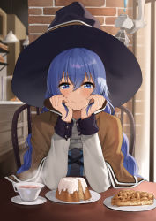 Rule 34 | 1girl, absurdres, ayul (ayulneri 92), blue eyes, blue hair, blush, braid, breasts, brick wall, cake, cape, cup, dessert, dot nose, elbows on table, food, hair between eyes, hat, head rest, highres, indoors, long hair, long sleeves, looking at viewer, mushoku tensei, pie, pov across table, roxy migurdia, saucer, sitting, smile, solo, table, tea, teacup, twin braids, witch hat