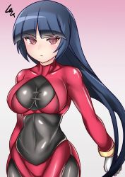 Rule 34 | 1girl, black hair, bodysuit, breasts, brown eyes, closed mouth, creatures (company), game freak, gen 1 pokemon, gloves, gym leader, highres, large breasts, long hair, looking at viewer, nintendo, pantyhose, pokemon, pokemon rgby, sabrina (pokemon), simple background, skin tight, solo, sumida kichi