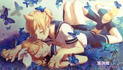 Rule 34 | 1boy, 1girl, bare shoulders, black collar, black shorts, blonde hair, blue butterfly, bow, brother and sister, bug, butterfly, butterfly on arm, butterfly on foot, butterfly on hair, butterfly on hand, butterfly on leg, collar, commentary, green eyes, hair bow, hair ornament, hairclip, insect, kagamine len, kagamine rin, knees together feet apart, knees up, leg warmers, legs up, lying, lying on person, necktie, on back, one eye closed, parted lips, sailor collar, school uniform, shirt, short hair, short ponytail, short sleeves, shorts, siblings, smile, spiked hair, swept bangs, twins, vocaloid, w.r.b, white bow, white shirt, yellow neckwear