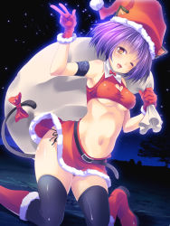 Rule 34 | 1girl, animal ears, armlet, belt, black background, black thighhighs, boots, breasts, cat ears, cat tail, christmas, cleavage cutout, clothing cutout, dress, gloves, halterneck, hat, heart, heart cutout, knee boots, kneeling, maki (seventh heaven maxion), midriff, navel, one eye closed, original, purple hair, red dress, red gloves, red skirt, santa costume, santa hat, shiny skin, shirt, short hair, skindentation, skirt, smile, solo, tail, taut clothes, taut shirt, thighhighs, thighhighs under boots, underboob, v, wink, yellow eyes