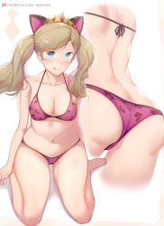 Rule 34 | 1girl, :q, animal ears, artist name, ass, back, bare arms, bare legs, bare shoulders, barefoot, bikini, blonde hair, blue eyes, blush, breasts, cat ears, cleavage, closed mouth, collarbone, fake animal ears, highres, kimoshi, looking at viewer, medium breasts, multiple views, navel, persona, persona 5, pink bikini, simple background, sitting, smile, stomach, swept bangs, swimsuit, takamaki anne, tiara, tongue, tongue out, twintails, v-shaped eyebrows, wariza, watermark, web address, white background