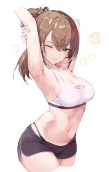 Rule 34 | 1girl, absurdres, armpits, breasts, brown eyes, brown hair, cleavage, cleavage cutout, clothing cutout, commentary, dolphin shorts, english commentary, hair between eyes, highres, hololive, hololive english, medium breasts, midriff, namiorii, nanashi mumei, navel, one eye closed, ponytail, shorts, simple background, solo, sports bra, stomach, sweat, virtual youtuber, white background