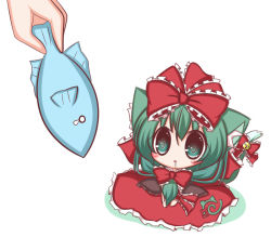 Rule 34 | 1girl, animal ears, arm ribbon, bell, bow, cat ears, cat girl, cat tail, chibi, dress, drooling, female focus, fish, front ponytail, green eyes, green hair, hair bow, kagiyama hina, kemonomimi mode, komakoma (magicaltale), open mouth, red dress, ribbon, simple background, staring, tail, tail bell, tail bow, tail ornament, touhou, v arms, white background