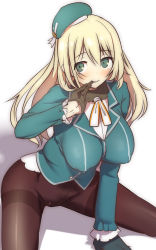 Rule 34 | 10s, 1girl, arm support, atago (kancolle), beret, between legs, black gloves, black pantyhose, blonde hair, breasts, covered erect nipples, crotch seam, gloves, green eyes, hand between legs, hat, highres, kantai collection, large breasts, long hair, looking at viewer, military, military uniform, no panties, no pants, pantyhose, puffy nipples, removing glove, shiba nanasei, sitting, smile, solo, thighband pantyhose, uniform
