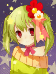 Rule 34 | 1girl, bad id, bad pixiv id, bare shoulders, choker, flower, green hair, hair flower, hair ornament, livly island, looking at viewer, marlin suzuki, personification, red eyes, ribbon choker, ringed eyes, solo, star (symbol), twintails