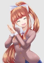Rule 34 | 1girl, :d, ^ ^, artist name, blue sky, blunt bangs, brown hair, closed eyes, commentary, doki doki literature club, english commentary, facing viewer, grey background, grey jacket, hair ribbon, happy, head tilt, high ponytail, jacket, long hair, long sleeves, monika (doki doki literature club), open mouth, own hands together, ribbon, school uniform, sidelocks, simple background, sky, smile, solo, takuyarawr, very long hair, white ribbon