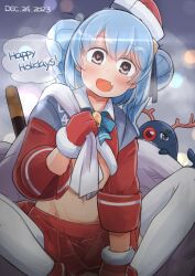 Rule 34 | 1girl, :d, blue hair, brown eyes, commentary request, cropped shirt, double bun, english text, enjaku izuku, fang, fur-trimmed gloves, fur trim, gloves, hair bun, highres, kantai collection, long sleeves, looking at viewer, miniskirt, open mouth, pleated skirt, red gloves, red headwear, red shirt, red skirt, samuel b. roberts (kancolle), santa costume, shirt, sitting, skirt, smile, solo, speech bubble, spread legs, thighhighs, white thighhighs