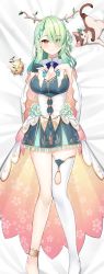 Rule 34 | 1girl, absurdres, anklet, antlers, apple, bed sheet, blue dress, blue nails, blush, braid, braided bangs, branch, breasts, bridal gauntlets, cat, ceres fauna, cleavage, closed mouth, clover (ceres fauna), commentary request, dakimakura (medium), dress, earrings, eyes visible through hair, feet out of frame, floral print, flower, food, frilled sleeves, frills, fruit, green flower, green hair, green rose, hair over one eye, hands on own chest, highres, hololive, hololive english, horns, jewelry, large breasts, long hair, looking at viewer, lying, mole, mole under eye, multicolored hair, nail polish, neko lu (wofud453), on back, one side up, print cape, rose, short dress, single braid, single bridal gauntlet, single thighhigh, smile, solo, streaked hair, thighhighs, virtual youtuber, white thighhighs