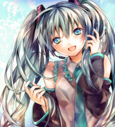 Rule 34 | 1girl, aqua eyes, aqua hair, bad id, bad pixiv id, bare shoulders, detached sleeves, hatsune miku, headset, long hair, looking at viewer, madogawa, necktie, open mouth, smile, solo, tears, twintails, vocaloid