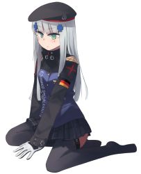 Rule 34 | 1girl, beret, black hat, black thighhighs, blue hair, blue skirt, breasts, closed mouth, crossed bangs, german flag, girls&#039; frontline, gloves, green eyes, hand on floor, hat, highres, hinami047, hk416 (girls&#039; frontline), long hair, looking at viewer, no shoes, on floor, sitting, skirt, solo, tactical clothes, teardrop, teardrop facial mark, teardrop tattoo, thighhighs, white background, white gloves