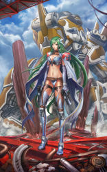 Rule 34 | 1girl, breasts, cape, cleavage, dual wielding, elbow gloves, gloves, green hair, gun, holding, knee pads, long hair, mecha, midriff, neoartcore, original, robot, shoulder pads, solo, thigh strap, thighhighs, very long hair, weapon