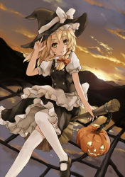 Rule 34 | 1girl, apron, blonde hair, braid, broom, broom riding, buttons, chain, cloud, dress, female focus, hair ribbon, halloween, hand on headwear, hat, jack-o&#039;-lantern, kirisame marisa, light smile, looking at viewer, mary janes, pumpkin, ribbon, rice paddy, shoes, sidesaddle, sky, solo, sunlight, sunset, thighhighs, touhou, white thighhighs, witch, witch hat, xiao qiang (overseas), yellow eyes, zettai ryouiki