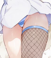 1girl close-up crotch_focus dog_girl dog_tail fishnet_thighhighs fishnets fuwawa_abyssgard fuwawa_abyssgard_(1st_costume) groin head_out_of_frame hololive hololive_english koahri lower_body panties pantyshot single_thighhigh solo striped_clothes striped_panties sweat tail thick_thighs thigh_focus thighhighs thighs underwear upskirt very_sweaty virtual_youtuber