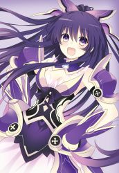Rule 34 | 10s, 1girl, :d, absurdres, armor, armored dress, breasts, choker, cleavage, date a live, dutch angle, floating hair, hair between eyes, hair ribbon, hands on own hips, highres, long hair, looking at viewer, open mouth, pauldrons, purple eyes, purple hair, purple ribbon, qing cui, ribbon, shoulder armor, small breasts, smile, solo, yatogami tooka