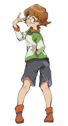 Rule 34 | 1girl, boots, brown eyes, brown hair, flipped hair, full body, glasses, grey shorts, grin, hand on own hip, highres, hyakujuu-ou golion, long sleeves, looking at viewer, looking back, minamijima command, pidge gundarsson, pidge gunderson, reverse trap, short hair, shorts, simple background, smile, solo, voltron: legendary defender, voltron (series), white background