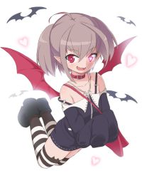 Rule 34 | 1girl, bat (animal), bat wings, black footwear, black jacket, boots, bubukka, collar, collarbone, fangs, full body, grey hair, heart, heart-shaped pupils, jacket, jewelry, looking at viewer, makaino ririmu, nijisanji, open mouth, pendant, red collar, short hair, simple background, sleeves past fingers, sleeves past wrists, smile, solo, striped clothes, striped thighhighs, symbol-shaped pupils, thighhighs, twintails, virtual youtuber, white background, wings