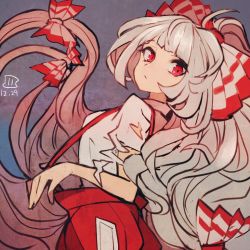 Rule 34 | 1girl, bow, closed mouth, dated, artistic error, from side, fujiwara no mokou, grey hair, hair bow, long hair, looking at viewer, maaru (akira428), multiple bows, ofuda, ofuda on clothes, one-hour drawing challenge, red eyes, short sleeves, solo, suspenders, torn clothes, torn sleeves, touhou, very long hair, wrong hand