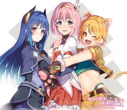 Rule 34 | 3girls, :d, ;d, absurdres, animal ear fluff, animal ears, animal hands, belt, bikini, black belt, black capelet, black gloves, black shirt, black sleeves, blonde hair, blouse, blue eyes, blue hair, blush, breasts, capelet, cat ears, cat paws, cat tail, closed mouth, commentary, cowboy shot, cropped jacket, curled horns, demon horns, detached sleeves, frilled skirt, frills, fur-trimmed gloves, fur collar, fur trim, girl sandwich, glint, gloves, green bikini, groin, group picture, hair between eyes, hair ornament, hairband, hairclip, hand up, highleg, highleg bikini, highres, hiyori (princess connect!), horns, hug, hug from behind, huge filesize, jacket, large breasts, long hair, long sleeves, looking at viewer, medium breasts, midriff, multiple girls, navel, one eye closed, open mouth, paw gloves, pink hair, princess connect!, puffy long sleeves, puffy sleeves, purple eyes, red skirt, rei (princess connect!), rumeha (aormsj22), sandwiched, shirt, short hair, short sleeves, shorts, sidelocks, skirt, small breasts, smile, standing, swimsuit, tail, taut clothes, typo, white background, white shirt, yellow eyes, yellow hairband, yellow jacket, yellow shorts, yui (princess connect!)