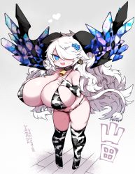 Rule 34 | 1girl, animal ears, animal print, bell, bikini, blue eyes, breasts, character name, cleavage, collar, commentary request, cow print, cow print bikini, cow tail, cowbell, ear tag, elbow gloves, fang, full body, gloves, highres, horns, huge breasts, long hair, mato tsuyoi, neck bell, original, over-kneehighs, print bikini, print gloves, print thighhighs, shortstack, solo, spaghetti strap, strap gap, swimsuit, tail, thighhighs, white hair, yamada vanhouten (mato tsuyoi)