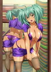 Rule 34 | 1girl, ass, bare legs, breasts, curvy, dark skin, female focus, green eyes, green hair, ikkitousen, large breasts, looking at viewer, ryofu housen, shiny skin, torn clothes, twintails, underwear