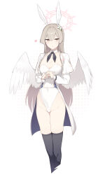 Rule 34 | 1girl, absurdres, angel wings, animal ears, black thighhighs, blue archive, blush, breasts, closed mouth, detached collar, enosan, fake animal ears, feathered wings, feet out of frame, full body, groin, hair between eyes, halo, heart, highres, large breasts, leotard, light brown hair, long hair, long sleeves, looking at viewer, nagisa (blue archive), pink halo, rabbit ears, solo, strapless, strapless leotard, thighhighs, white leotard, white wings, wings, yellow eyes