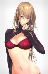 Rule 34 | 1girl, akiyama cz4a, alternate costume, black bow, blonde hair, blush, bow, bra, breasts, casual, clothes lift, commentary request, contemporary, grey background, hair between eyes, hand up, highres, lifting own clothes, long hair, long sleeves, looking at viewer, medium breasts, mole, mole on breast, mole on stomach, mole under eye, nail polish, navel, no headwear, pink nails, purple eyes, purple sweater, red bra, simple background, skindentation, solo, stomach, sweater, sweater lift, touhou, turtleneck, turtleneck sweater, underwear, upper body, yakumo yukari