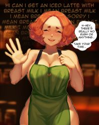 Rule 34 | absurdres, apron, barley juice, breasts, brown hair, curvy, closed eyes, forehead, highres, iced latte with breast milk (meme), large breasts, meme, meme attire, naked apron, okumura haru, persona, persona 5, smile, thick thighs, thighs, wavy hair