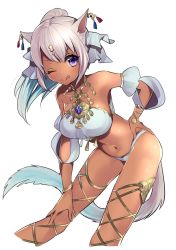 Rule 34 | 1girl, absurdres, animal ears, bare legs, bent over, breasts, cat ears, cat tail, dark-skinned female, dark skin, facial mark, final fantasy, final fantasy xiv, hand on own hip, highres, large breasts, licking lips, midriff, miqo&#039;te, navel, omucchan (omutyuan), panties, purple eyes, silver hair, solo, tail, tan, tongue, tongue out, underwear, warrior of light (ff14)