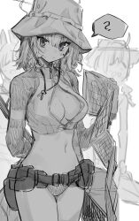 Rule 34 | 3girls, ?, absurdres, arm behind back, bikini, blue archive, braid, breasts, bucket hat, closed eyes, closed mouth, greyscale, hair between eyes, halo, hat, highres, holding, holding map, long sleeves, looking at viewer, map, medium breasts, midriff, miyu (blue archive), miyu (swimsuit) (blue archive), moe (blue archive), moe (swimsuit) (blue archive), monochrome, movik, multiple girls, open mouth, saki (blue archive), saki (swimsuit) (blue archive), sketch, solo focus, spoken question mark, sweat, swimsuit