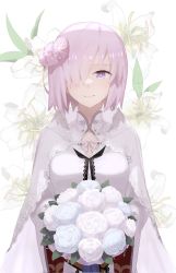 Rule 34 | 1girl, blue flower, bouquet, cape, closed mouth, dress, fate/grand order, fate (series), floral background, flower, hair flower, hair ornament, hair over one eye, highres, holding, holding bouquet, light purple hair, mash kyrielight, ninjin (ne f g o), official alternate costume, pink flower, purple eyes, short hair, smile, solo, white cape, white dress, white flower