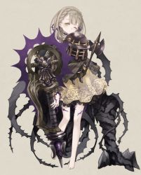 Rule 34 | 1girl, armor, axe, barefoot, braid, briar rose (sinoalice), closed mouth, crown braid, expressionless, fantasy, full body, grey background, grey eyes, grey hair, holding, holding weapon, looking at viewer, one eye closed, oro ponzu, puppet, simple background, sinoalice, solo, standing, weapon