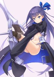 Rule 34 | 10s, 1girl, armor, armored boots, belt, blue eyes, blue ribbon, boots, coat, fate/extra, fate/extra ccc, fate/grand order, fate (series), hair ribbon, highres, long hair, meltryllis (fate), navel, revealing clothes, ribbon, sitting, sleeves past wrists, solo, tamakaga, very long hair