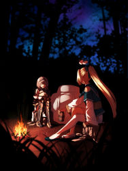Rule 34 | 2girls, :d, armor, asymmetrical footwear, backpack, bag, blonde hair, blue collar, bow, braid, breasts, campfire, chest belt, cleavage, clothing cutout, collar, cup, dark-skinned female, dark skin, elf, fingerless gloves, floating, gloves, gold trim, green eyes, hair between eyes, hair bow, high ponytail, highres, holding, holding cup, hololive, kintsuba (shiranui flare), large breasts, long hair, looking at another, mikan (chipstar182), mismatched footwear, mole, mole on breast, multiple girls, open mouth, oversized object, pointy ears, shiranui flare, shiranui flare (old design), shirogane noel, shirogane noel (1st costume), short hair, shoulder cutout, silver hair, single thighhigh, sitting, smile, thighhighs, virtual youtuber, wrist guards