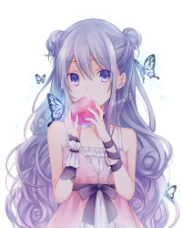 Rule 34 | 1girl, animal, apple, bare shoulders, black bow, bow, bug, butterfly, commentary request, covered mouth, double bun, dress, food, fruit, hair between eyes, hair bun, highres, holding, holding food, holding fruit, insect, kuroi (liar-player), long hair, looking at viewer, original, purple eyes, purple hair, red apple, single wrist cuff, sleeveless, sleeveless dress, solo, twitter username, upper body, very long hair, white background, white dress, wrist cuffs