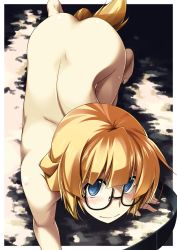 Rule 34 | 1girl, adele balfetto, all fours, bad id, bad pixiv id, blonde hair, blue eyes, blush, female focus, glasses, kyoukaisenjou no horizon, leash, looking at viewer, nude, pet play, shikei, short hair, solo, tail, tears