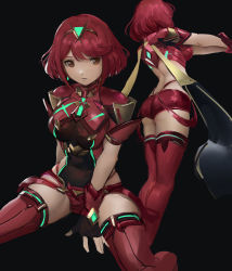Rule 34 | 1girl, arm behind back, arm up, ass, backless outfit, bare back, between legs, black background, black gloves, breasts, brown eyes, covered navel, elbow pads, fingerless gloves, gloves, hand between legs, highres, large breasts, looking at viewer, multiple views, nintendo, outstretched arms, pyra (xenoblade), qosic, red hair, red shorts, red thighhighs, revealing clothes, short hair, short shorts, shorts, simple background, sitting, sketch, standing, swept bangs, thighhighs, tiara, wariza, xenoblade chronicles (series), xenoblade chronicles 2