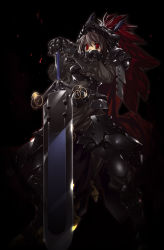 Rule 34 | armor, black hair, dark, original, red eyes, simple background, solo, sword, weapon, yoshiwo