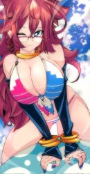 Rule 34 | 1girl, android 21, bikini, blue sky, cloud, cloudy sky, dragon ball, dragon ball (classic), glasses, highres, kinakomochi (user vedc2333), looking at viewer, multicolored bikini, multicolored clothes, one eye closed, sitting, sky, smile, solo, swimsuit, wrist cuffs