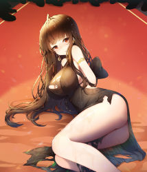 Rule 34 | 1girl, ahoge, armlet, arms behind back, bad id, bad pixiv id, blunt bangs, blush, breasts, brown hair, cleavage, dress, dsr-50 (girls&#039; frontline), dsr-50 (highest bid) (girls&#039; frontline), earrings, girls&#039; frontline, jewelry, large breasts, long hair, looking at viewer, official alternate costume, open mouth, red eyes, solo, tears, torn clothes, torn dress, tp (kido 94)