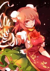 Rule 34 | 1girl, bandages, bun cover, double bun, flower, hair bun, ibaraki kasen, looking at viewer, open mouth, red eyes, red flower, red hair, red rose, rose, simple background, solo, tabard, touhou, yetworldview kaze
