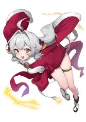 Rule 34 | 1girl, ahoge, animal ears, arms up, deer ears, fur trim, green eyes, grey hair, hair intakes, heterochromia, highres, leaning forward, long hair, no pants, open mouth, original, pink eyes, red shirt, reindeer girl, sandals, shirt, simple background, sleeves past wrists, smile, socks, solo, thighlet, thighs, white background, white footwear, you guo chaocai