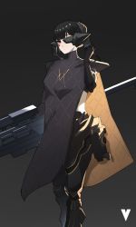 Rule 34 | 1girl, adeline (girls&#039; frontline), alternate hairstyle, arm up, black background, black dress, black hair, closed mouth, commentary, dress, english commentary, expressionless, feet out of frame, girls&#039; frontline, gun, hair bun, highres, holding, holding gun, holding weapon, looking at viewer, mechanical legs, nyto (girls&#039; frontline), red eyes, single hair bun, solo, standing, variasii, weapon