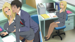 Rule 34 | 1boy, 1girl, amagi brilliant park, ashe (amaburi), blonde hair, grabbing another&#039;s breast, breasts, business suit, chair, collarbone, cottage, dark skin, formal, from behind, glasses, grabbing, grabbing from behind, green eyes, high heels, highres, large breasts, long hair, pantyhose, sitting, suit