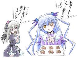 Rule 34 | 00s, 2girls, apron, baking sheet, barasuishou, blue hair, chocolate, cookie, eating, eyepatch, flower, food, grey hair, hair flower, hair ornament, hairband, heart, imai kazunari, long hair, long sleeves, maroon eyes, multiple girls, open mouth, overexposure, own hands clasped, own hands together, rozen maiden, simple background, suigintou, translation request, very long hair, white background, wings, yellow eyes