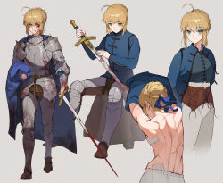 Rule 34 | 1girl, armor, arms up, artoria pendragon (all), artoria pendragon (fate), back, bandages, blonde hair, blood, blood on clothes, blood on face, bloody weapon, blue jacket, blue ribbon, braid, contrapposto, couter, cowboy shot, cross scar, excalibur (fate/stay night), fate/stay night, fate (series), french braid, from behind, green eyes, highres, jacket, jason kim, korean commentary, median furrow, multiple scars, ribbon, saber (fate), scar, scar on arm, scar on back, smile, solo, sword, toned, underwear, undressing, upper body, weapon, white background